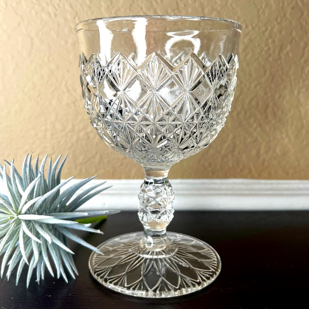 Antique EAPG King & Sons 6” Water Goblet, Wine Glass, Fenton, No 25, Fine Cut
